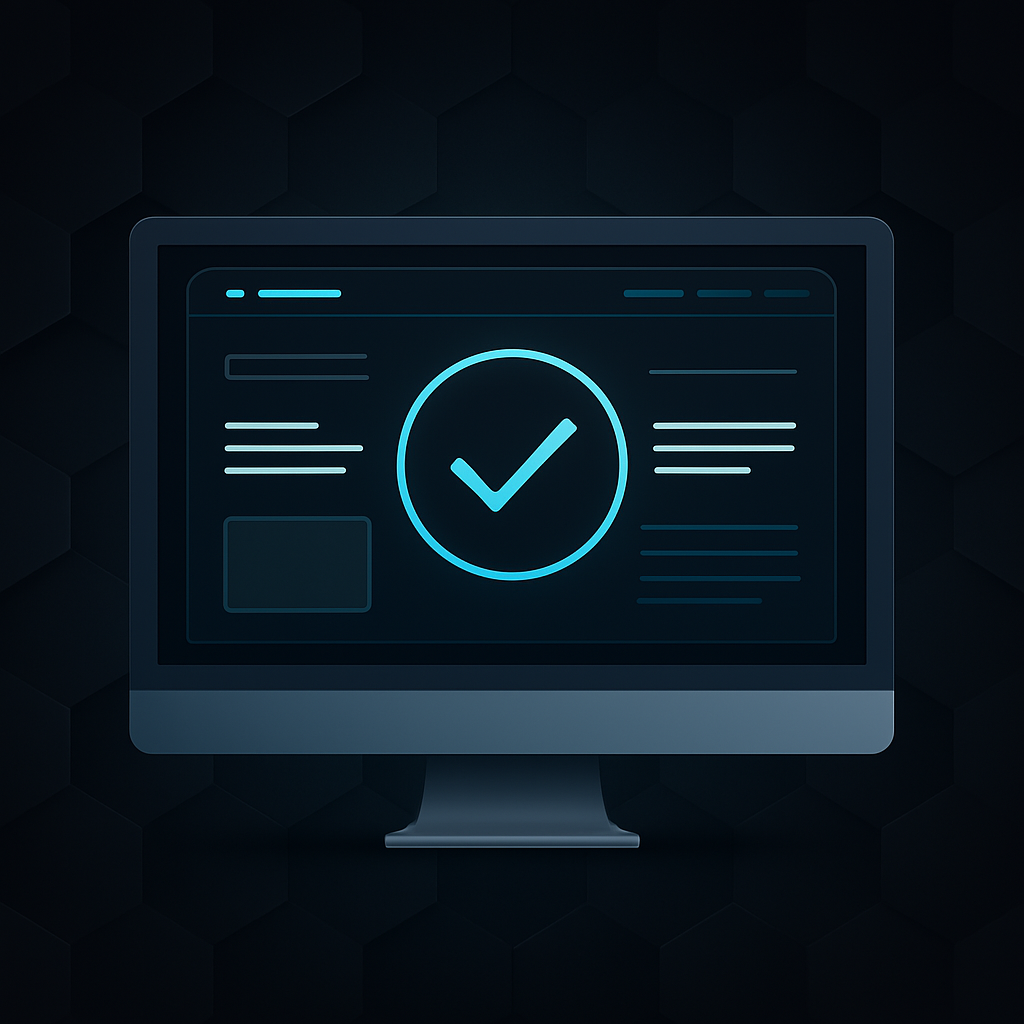 Digital illustration of a widescreen desktop monitor displaying a finished website layout with a glowing blue checkmark, set against a dark hexagonal background.