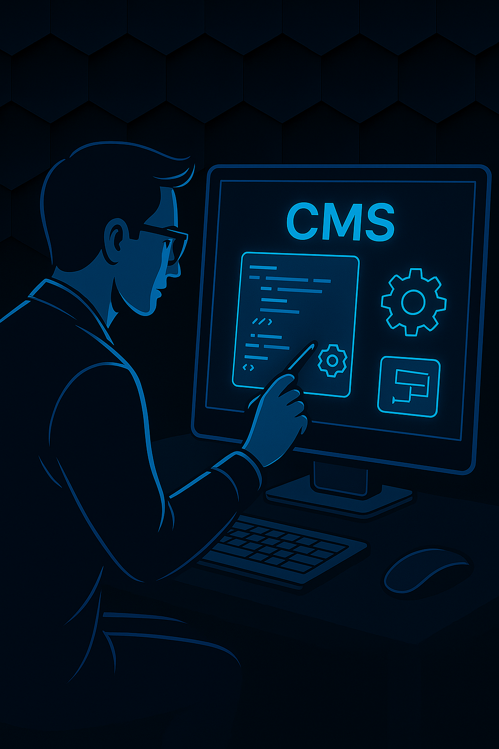 Digital illustration of a web developer working on a glowing computer screen displaying code, set against a dark hexagonal background in neon blue tones.
