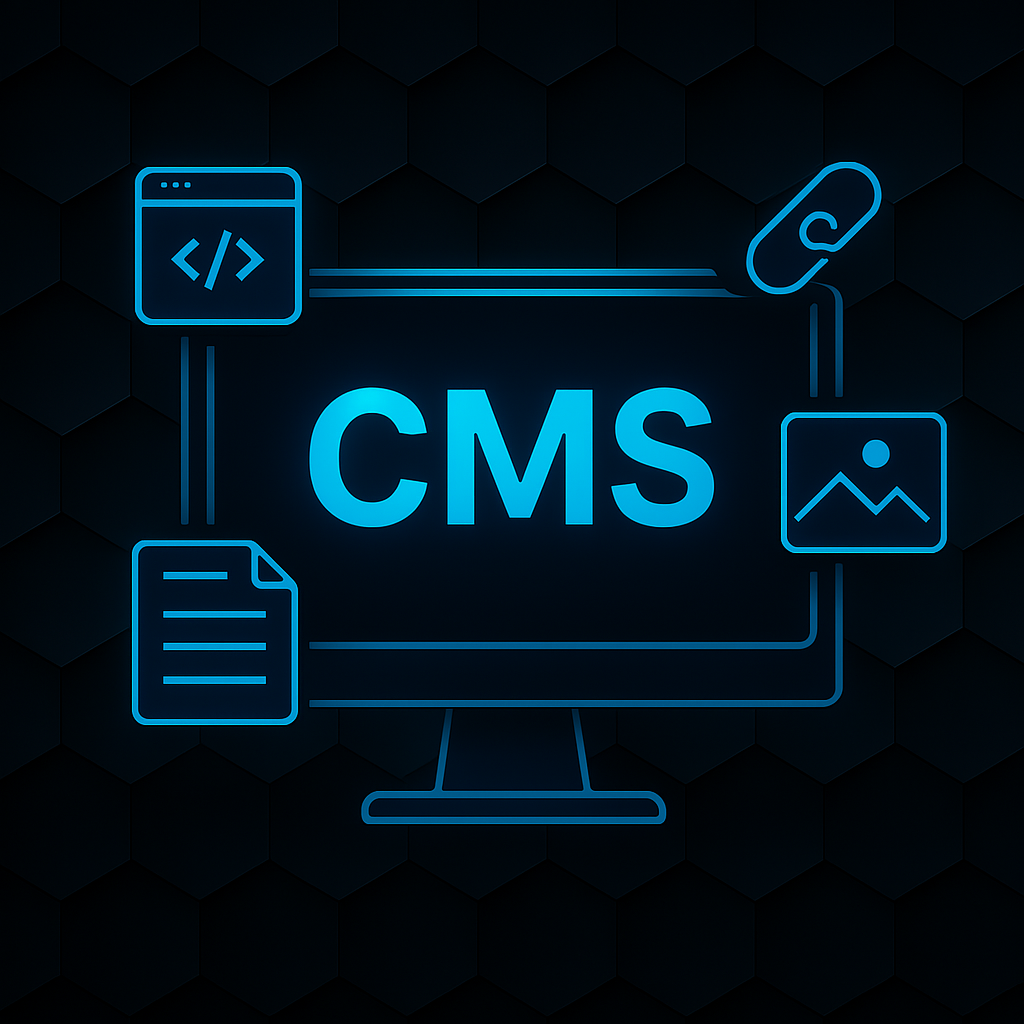 Digital illustration of a glowing CMS interface on a monitor, surrounded by icons for code, media, and documents, set against a dark blue hexagonal background.