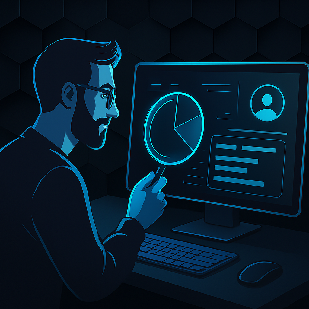 Vector illustration of a man using a magnifying glass to analyse data charts on a widescreen monitor, set against a dark hexagonal background.