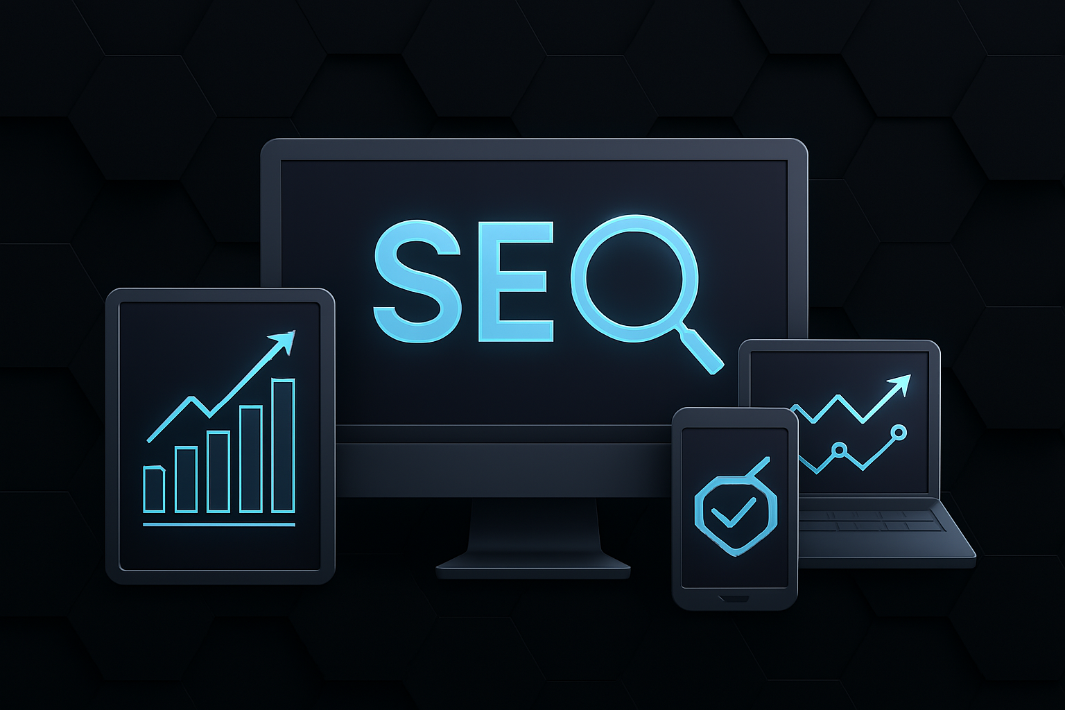 Digital illustration of SEO displayed across a desktop, laptop, and tablet, with glowing blue icons and a magnifying glass symbol, set against a dark hexagonal background.