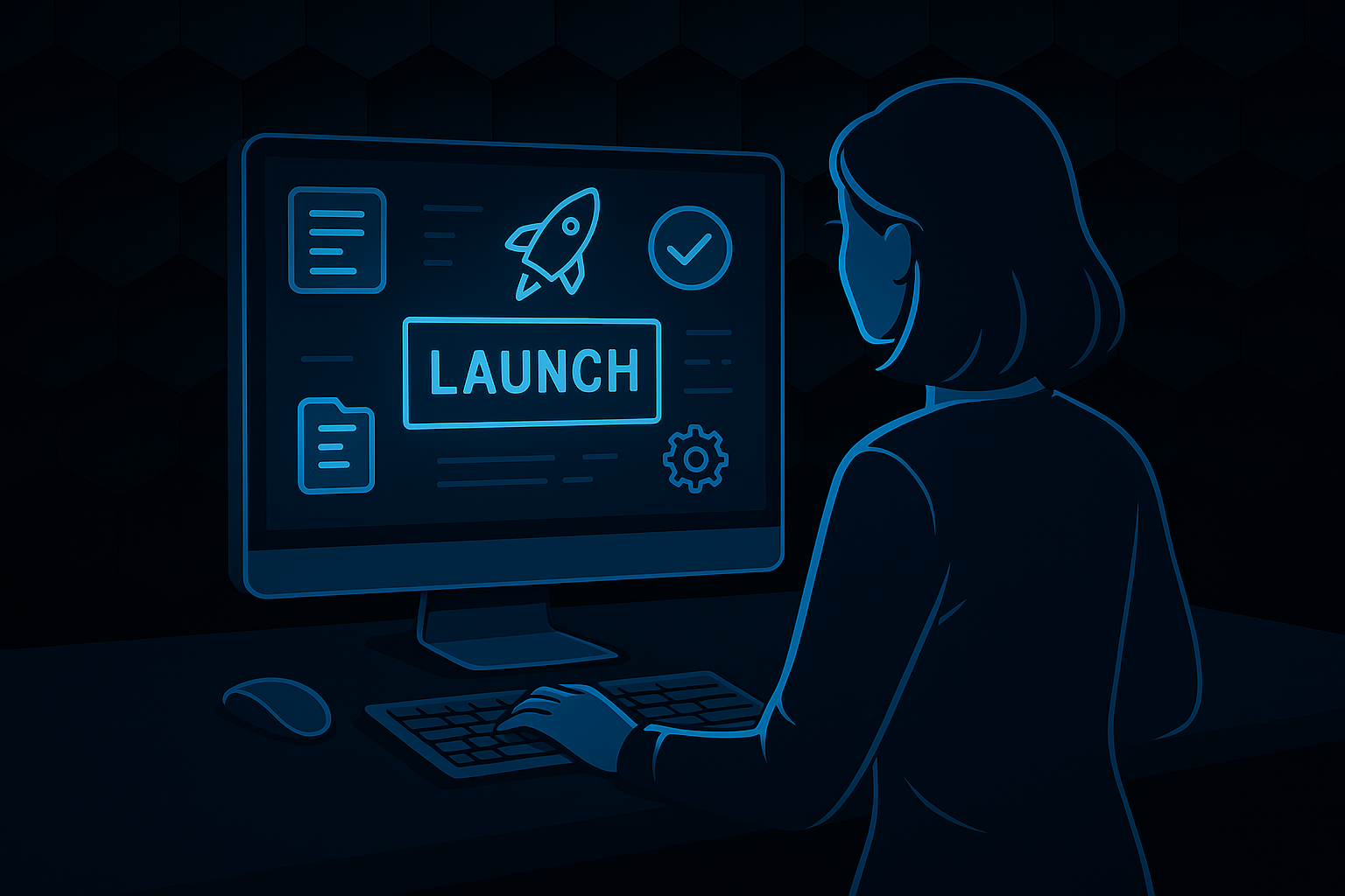 Digital illustration of a woman launching a project from a glowing computer screen, with floating interface panels and data icons, set against a dark hexagonal background.