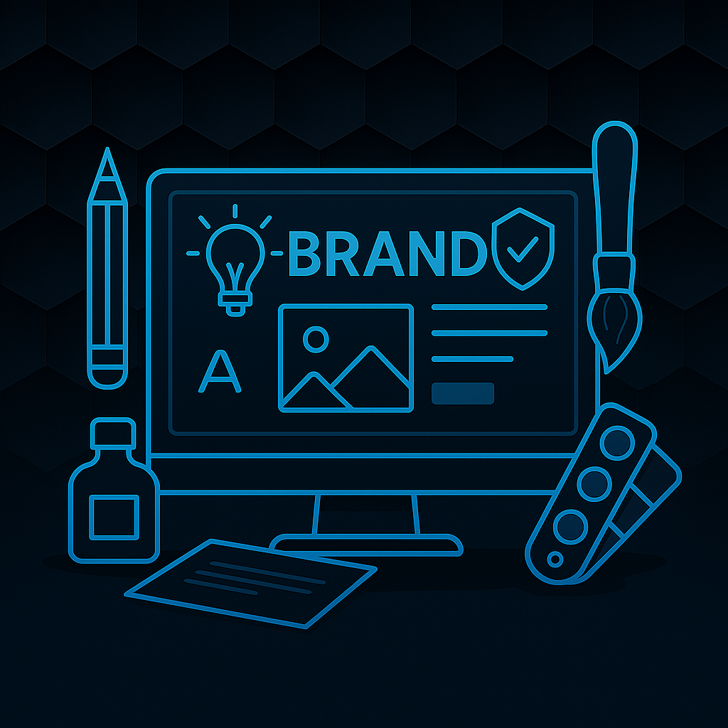 Digital illustration of branding elements including a computer screen, lightbulb, shield, pencil, and paintbrush icons, glowing in blue against a dark hexagonal background.