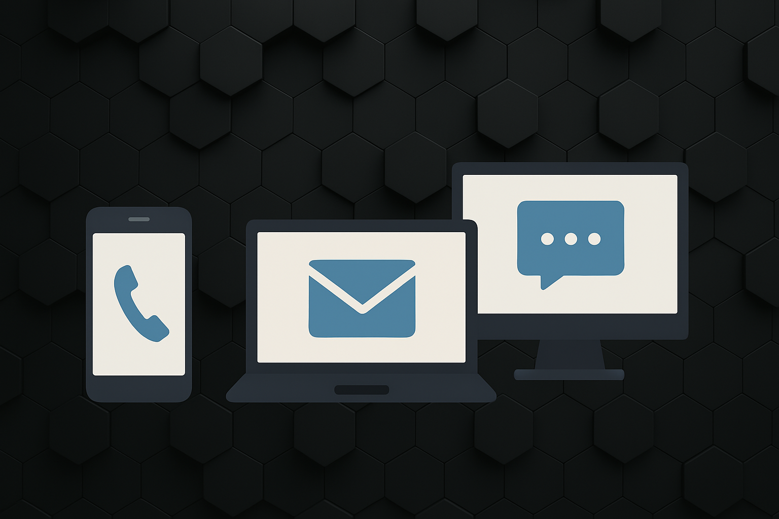 Digital illustration of a smartphone, laptop, and desktop monitor displaying phone, email, and message icons on a dark hexagonal background.