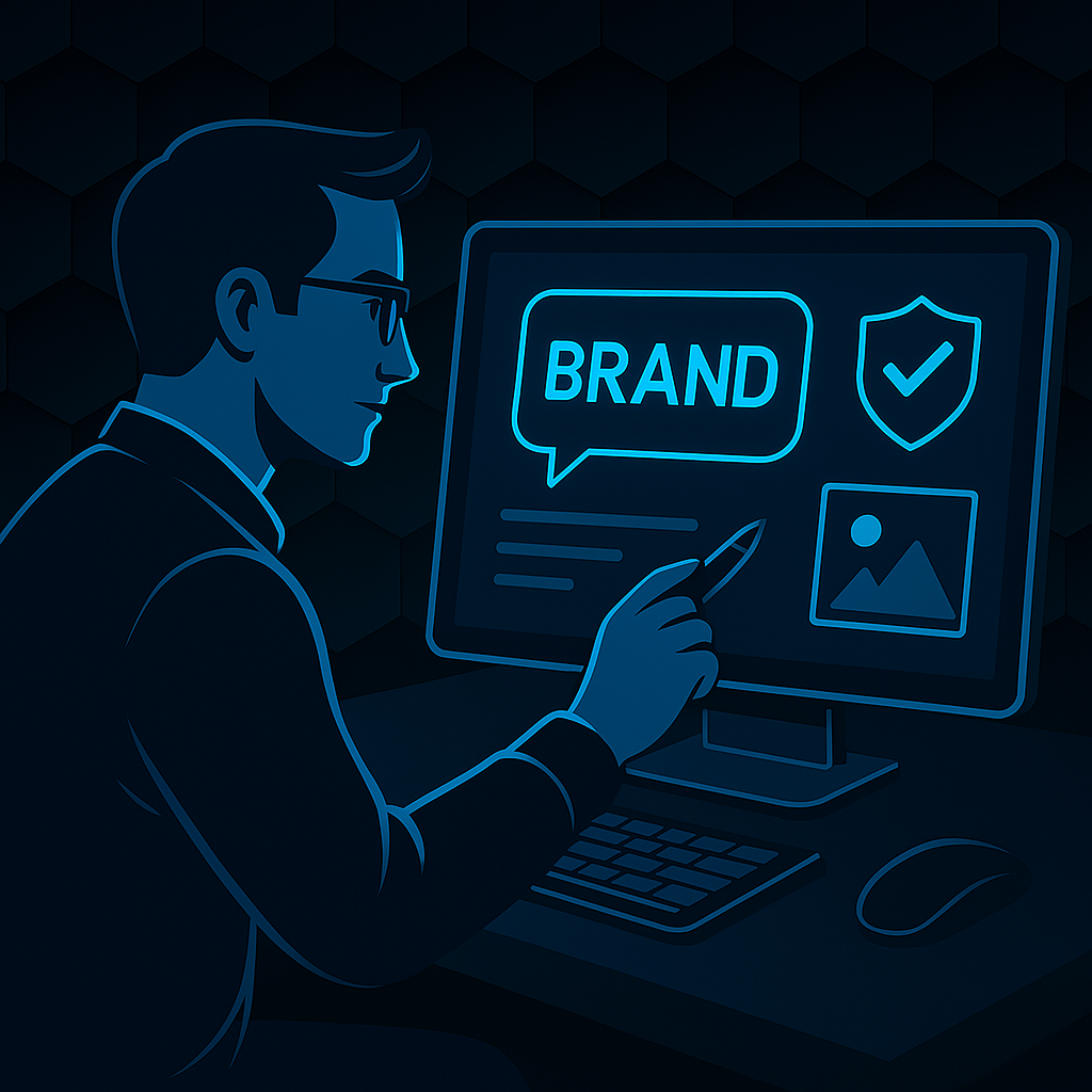Digital illustration of a focused man working on a brand concept at his computer, with glowing text and branding icons, set against a dark hexagonal background.