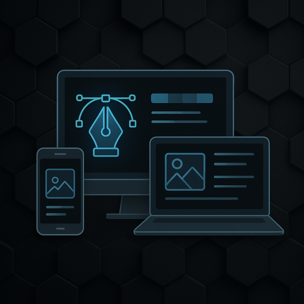 Digital illustration of a desktop, laptop, and smartphone displaying UI/UX layouts, set against a dark hexagonal background.