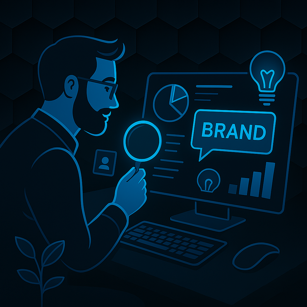 Digital illustration of a man analysing branding data on a laptop with glowing icons and graphs, set against a dark hexagonal background in cool blue tones.