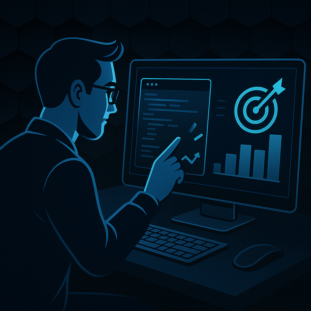 Digital illustration of a man interacting with a computer screen displaying code, analytics graphs, and a target icon, set against a dark hexagonal background.